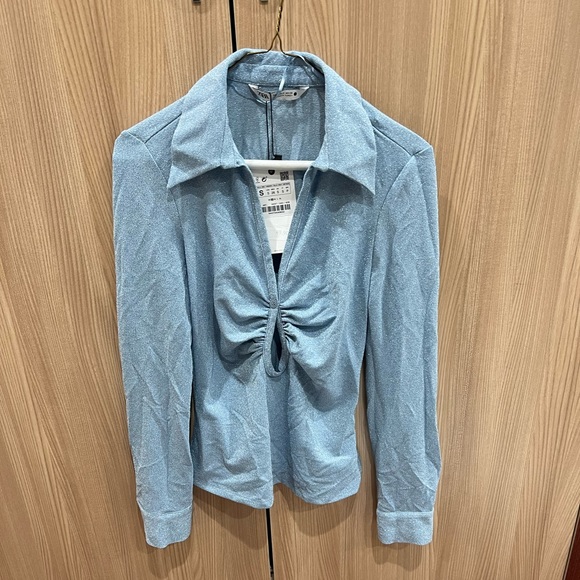 NWT ZARA OPEN DETAIL RUCHED TOP BLUE SIZE XS 4437/040/406 - Picture 4 of 9